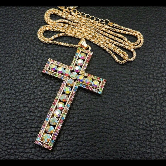Jewelry - Colorful Rhinestone Cross Gold Pendant Crystal